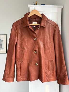 J.Jill Brown Genuine Leather Jacket Size M Button Front Cognac Artisan